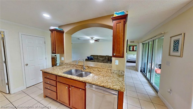 kitchen featuring dishwasher, crown molding, sink, light tile patterned floors, and kitchen peninsula