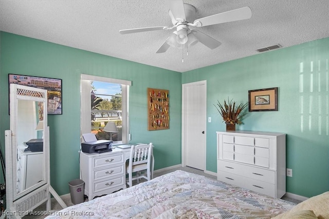 bedroom featuring ceiling fan, carpet, and a textured ceiling