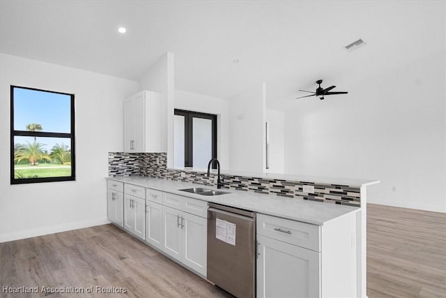 kitchen with sink, white cabinetry, decorative backsplash, stainless steel dishwasher, and kitchen peninsula