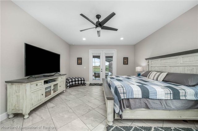 bedroom featuring french doors, ceiling fan, and access to exterior