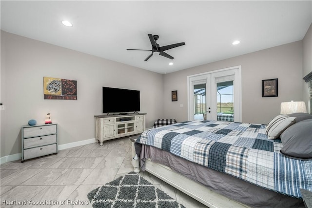 bedroom with access to exterior, ceiling fan, and french doors