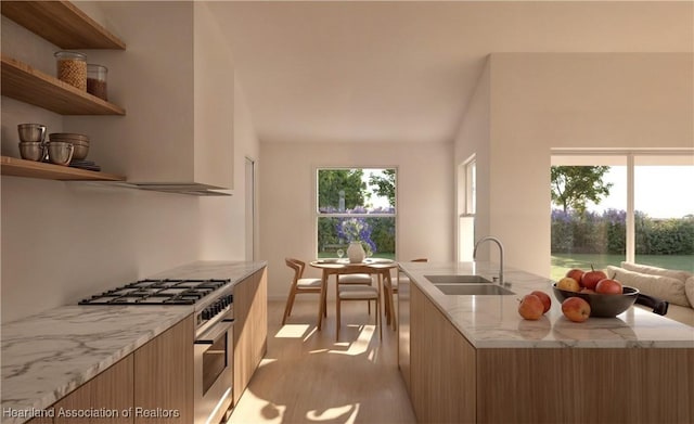 kitchen featuring a wealth of natural light, sink, light stone counters, and high end stainless steel range oven