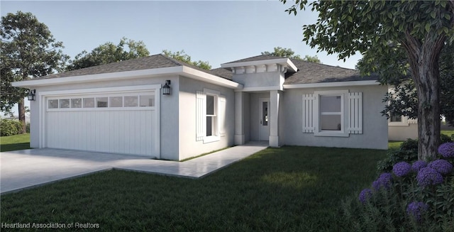 prairie-style home with a front yard and a garage