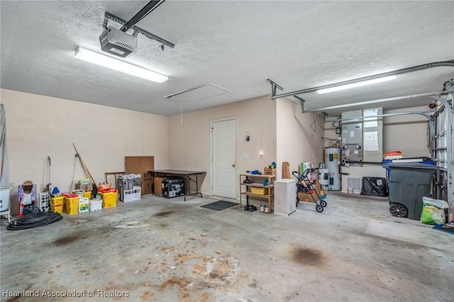 garage featuring heating unit, a garage door opener, and water heater