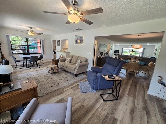 1725 Amber Ln, Lake Placid, FL 33852 - living room featuring a ceiling fan, wood finished floors, and a textured ceiling