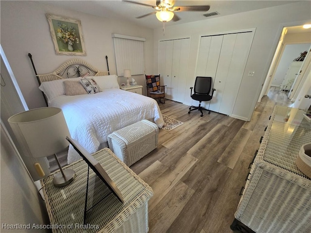 1725 Amber Ln, Lake Placid, FL 33852 - bedroom with two closets, wood finished floors, and a ceiling fan