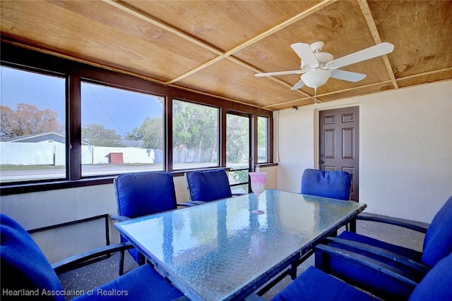 sunroom / solarium with wood ceiling and a ceiling fan