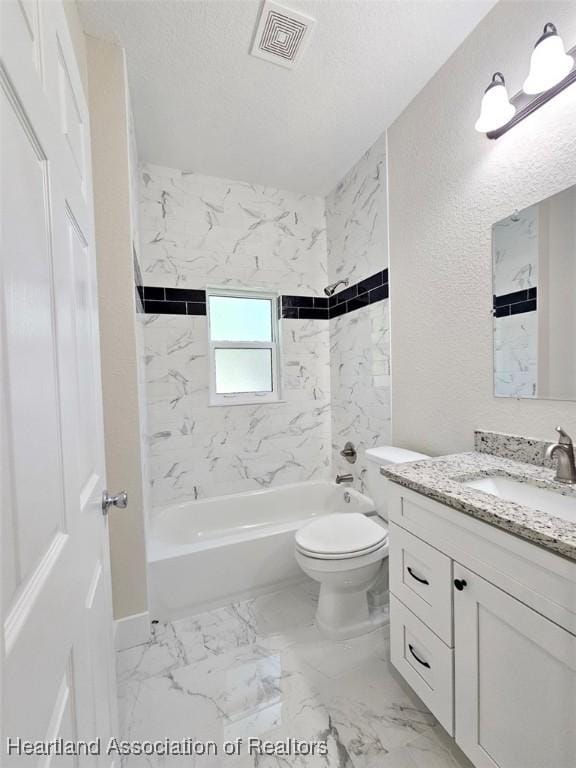 full bath featuring visible vents, shower / washtub combination, toilet, vanity, and marble finish floor