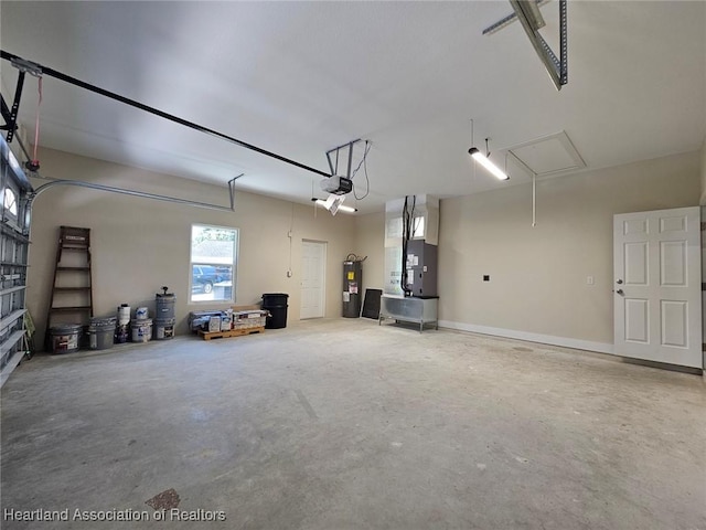 garage with a garage door opener, heating unit, and water heater