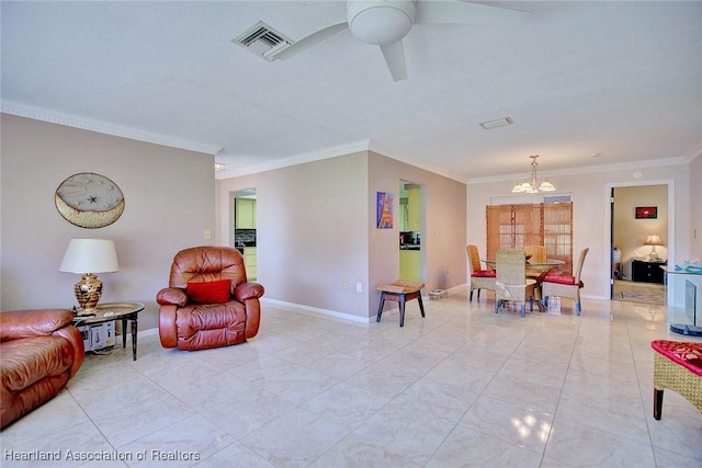 living room featuring a ceiling fan, baseboards, visible vents, and crown molding