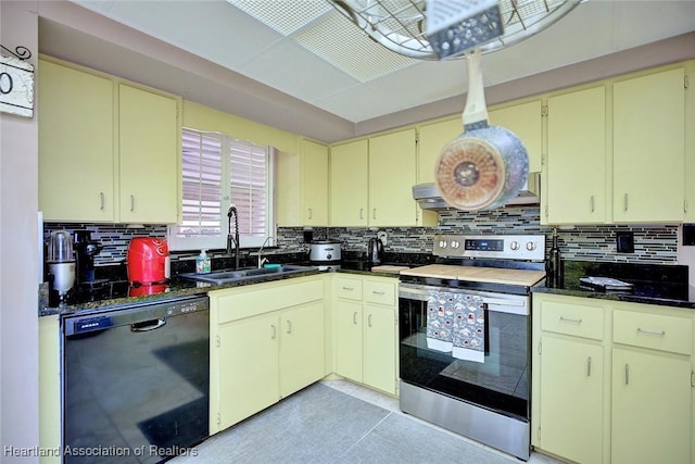 kitchen with dark stone counters, a sink, decorative backsplash, dishwasher, and stainless steel range with electric stovetop