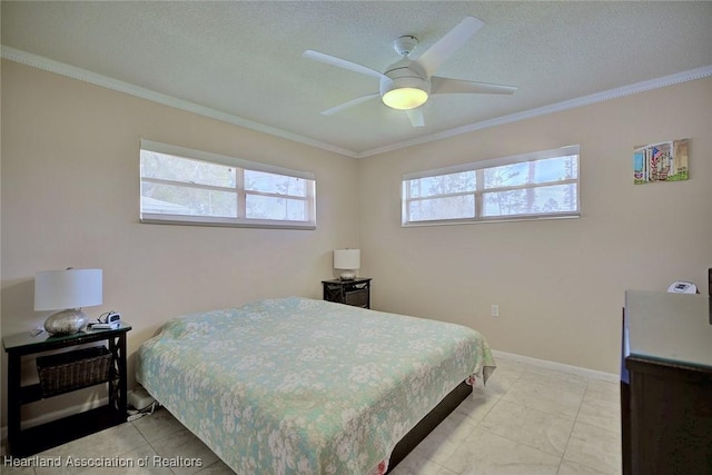 bedroom with a ceiling fan, a textured ceiling, baseboards, and crown molding