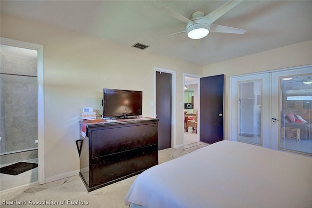 bedroom featuring baseboards, visible vents, and ceiling fan