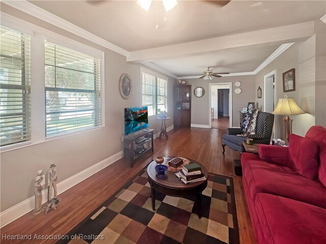 21 N French Ave, Fort Meade, FL 33841 - living area featuring a ceiling fan, baseboards, ornamental molding, and wood finished floors