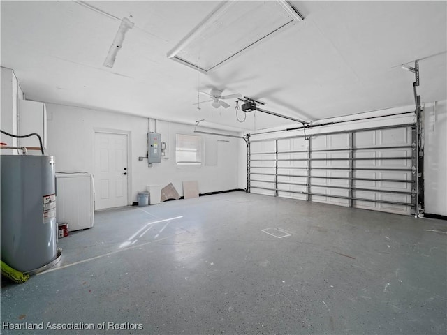 garage featuring electric water heater, electric panel, a garage door opener, ceiling fan, and washer / clothes dryer