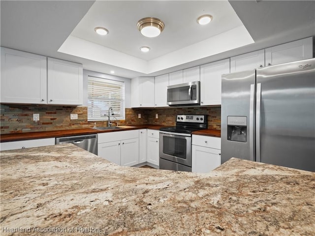 kitchen featuring white cabinets, a raised ceiling, sink, and appliances with stainless steel finishes