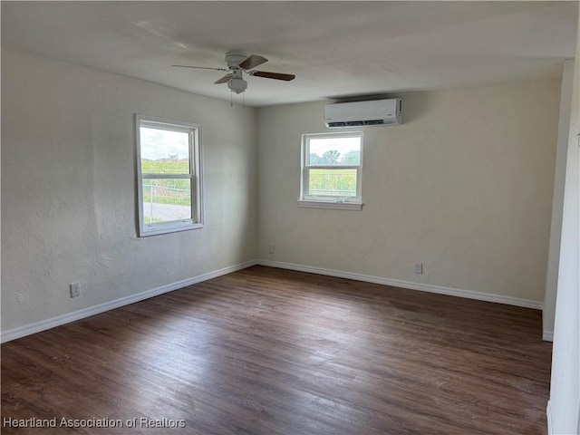 4504 High Ave, Sebring, FL 33870 - empty room featuring a wall unit AC, a ceiling fan, dark wood-style flooring, and baseboards