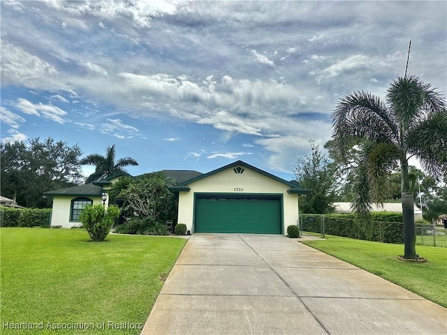 single story home featuring a front yard and a garage