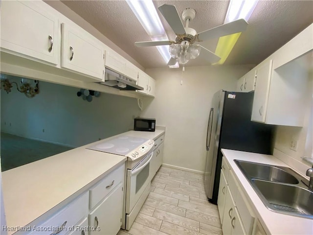 kitchen with white cabinetry, sink, white electric stove, and a textured ceiling