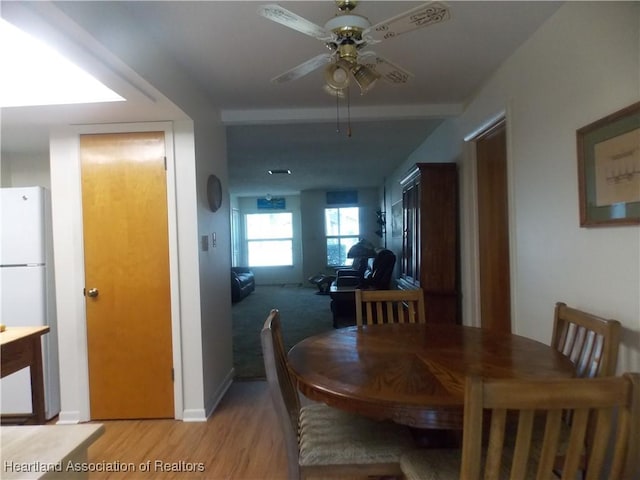 dining room featuring ceiling fan and light hardwood / wood-style floors