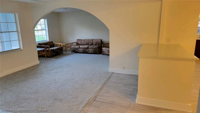 unfurnished living room with light carpet