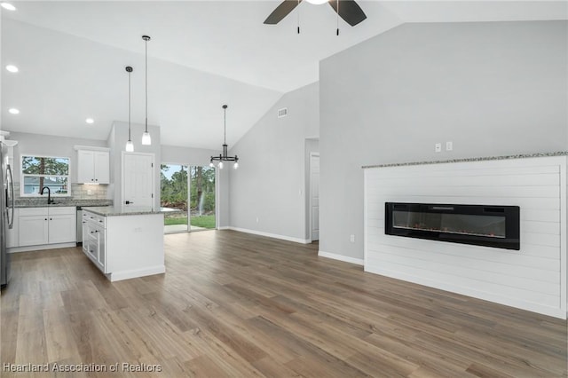 4225 Cooper Dr, Sebring, FL 33872 - kitchen featuring open floor plan, ceiling fan, a glass covered fireplace, white cabinets, and a kitchen island
