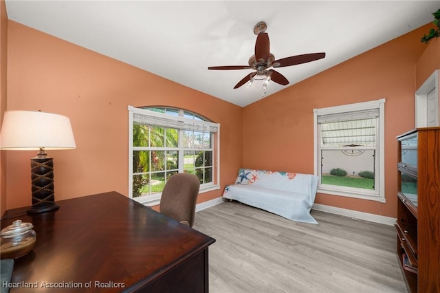 3730 Camry Ct, Sebring, FL 33872 - home office featuring lofted ceiling, ceiling fan, and light wood-style flooring
