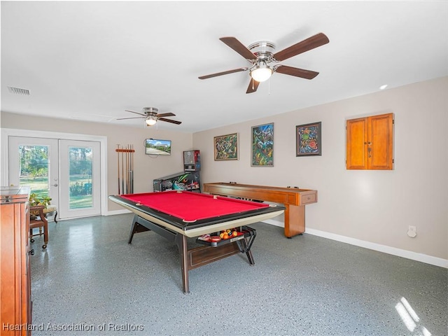 recreation room with billiards, baseboards, visible vents, speckled floor, and french doors