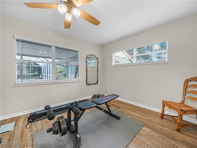 workout room featuring ceiling fan, plenty of natural light, baseboards, and wood finished floors