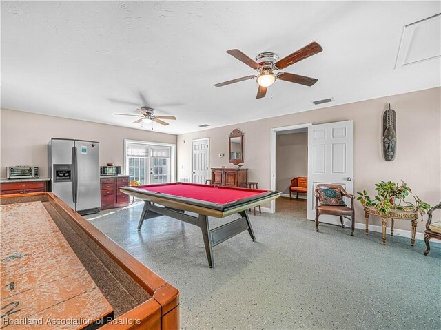 playroom with baseboards, visible vents, a ceiling fan, pool table, and french doors