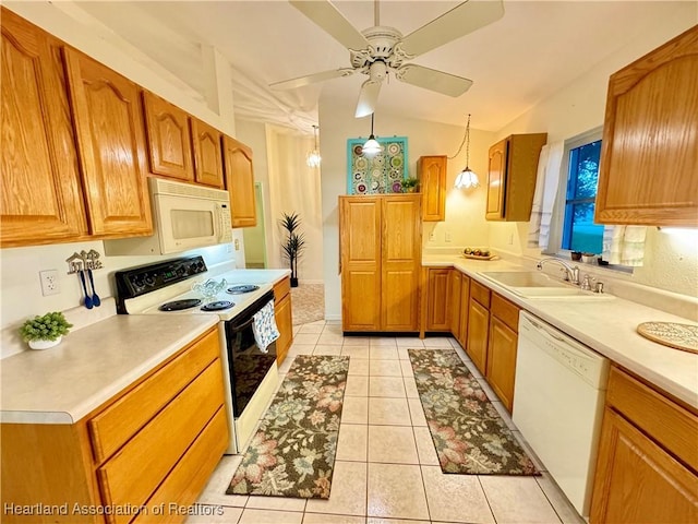246 Thurman Ave, Lake Placid, FL 33852 - kitchen with white appliances, a sink, light countertops, light tile patterned floors, and a ceiling fan