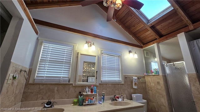 301 Sparrow Ave, Sebring, FL 33870 - full bath featuring wood ceiling, ceiling fan, a stall shower, tile walls, and a wainscoted wall