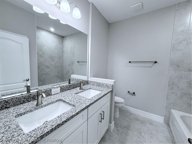 full bathroom featuring a bath, toilet, baseboards, double vanity, and a shower