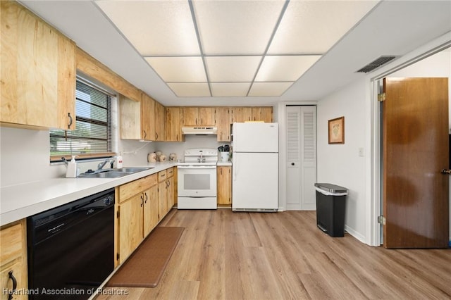 19 A Miracle Ave, Avon Park, FL 33825 - kitchen with white appliances, under cabinet range hood, light countertops, and light wood-style flooring