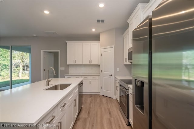 kitchen featuring sink, appliances with stainless steel finishes, backsplash, light hardwood / wood-style floors, and white cabinets