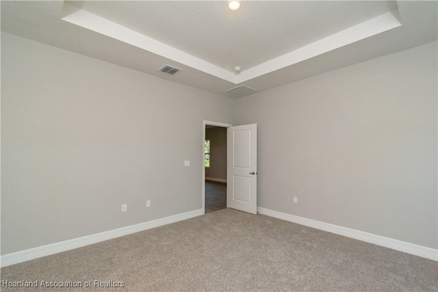 unfurnished room featuring carpet flooring and a raised ceiling