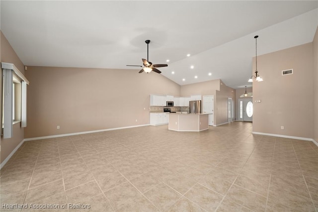6918 San Benito Dr, Sebring, FL 33872 - unfurnished living room featuring ceiling fan, baseboards, high vaulted ceiling, light tile patterned floors, and recessed lighting
