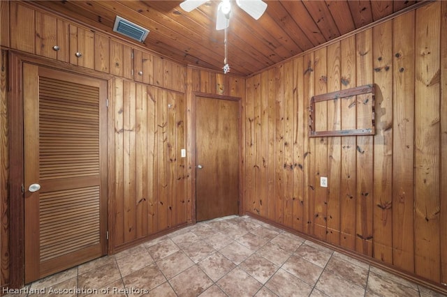 unfurnished room with ceiling fan and wood walls