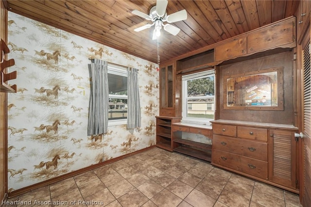 spare room with ceiling fan and wood ceiling