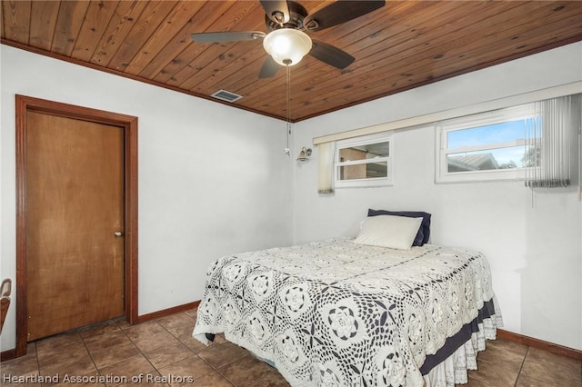 bedroom featuring ceiling fan, crown molding, and wooden ceiling