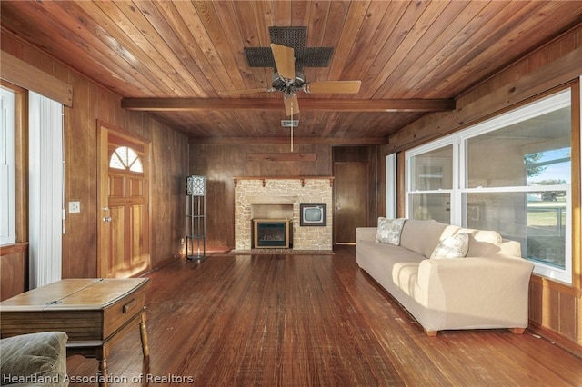 unfurnished living room featuring hardwood / wood-style flooring, wooden walls, and wood ceiling