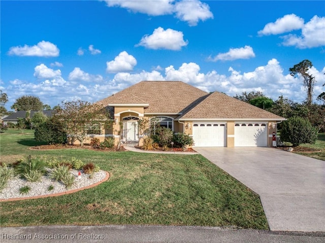 ranch-style home featuring a garage, a front yard, driveway, and stucco siding