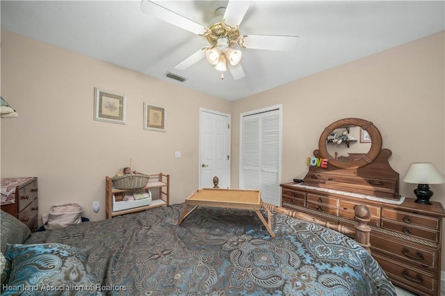 bedroom featuring a closet, visible vents, and a ceiling fan