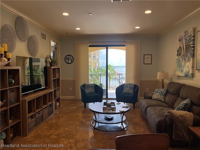 living room with ornamental molding