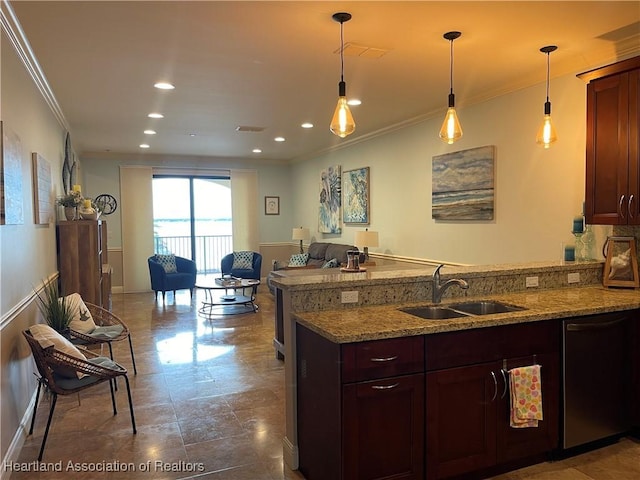 kitchen with light stone countertops, stainless steel dishwasher, hanging light fixtures, and sink