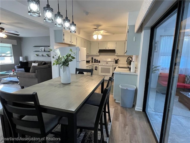 dining room featuring light wood-type flooring and a ceiling fan