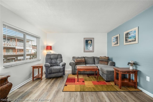 living room with hardwood / wood-style floors and a textured ceiling