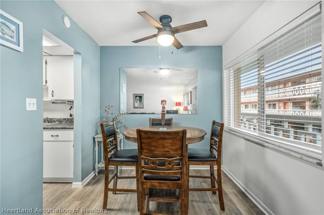 dining room with ceiling fan and light wood-type flooring