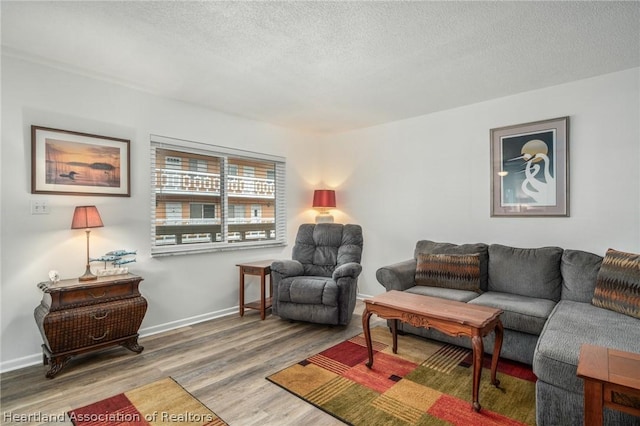 living room featuring hardwood / wood-style flooring and a textured ceiling