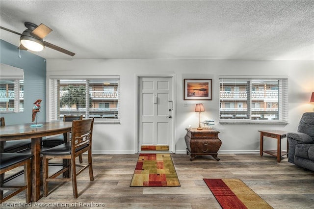 dining area with ceiling fan, wood-type flooring, and a textured ceiling